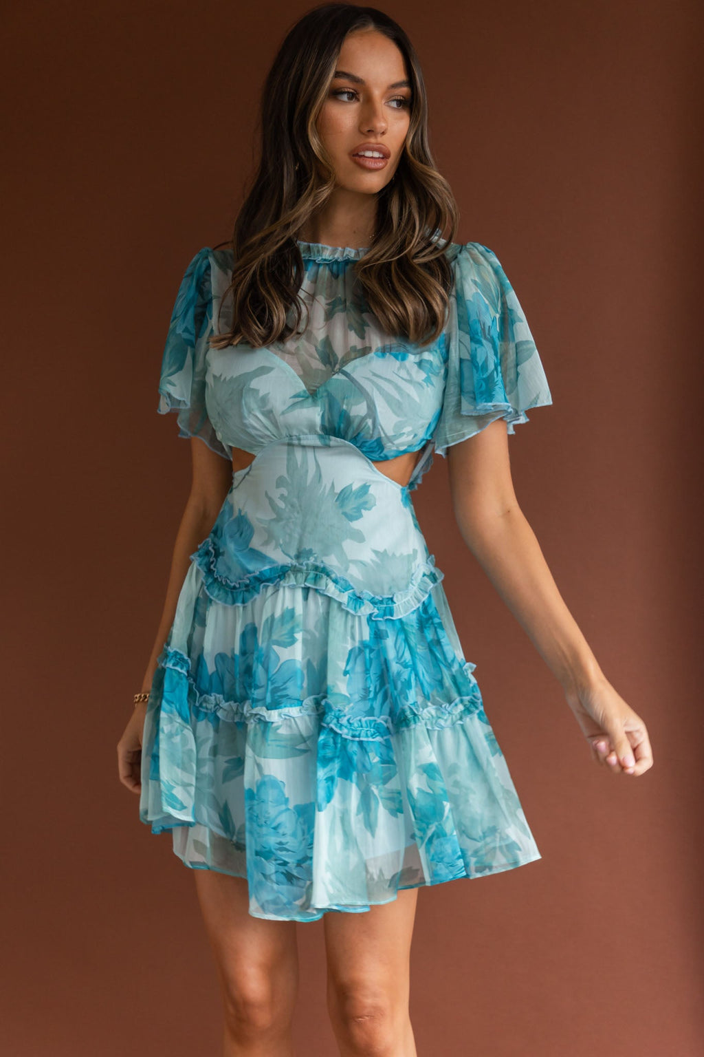 Tres Chic Flutter Sleeve Cut-Out Dress Botanical Blue