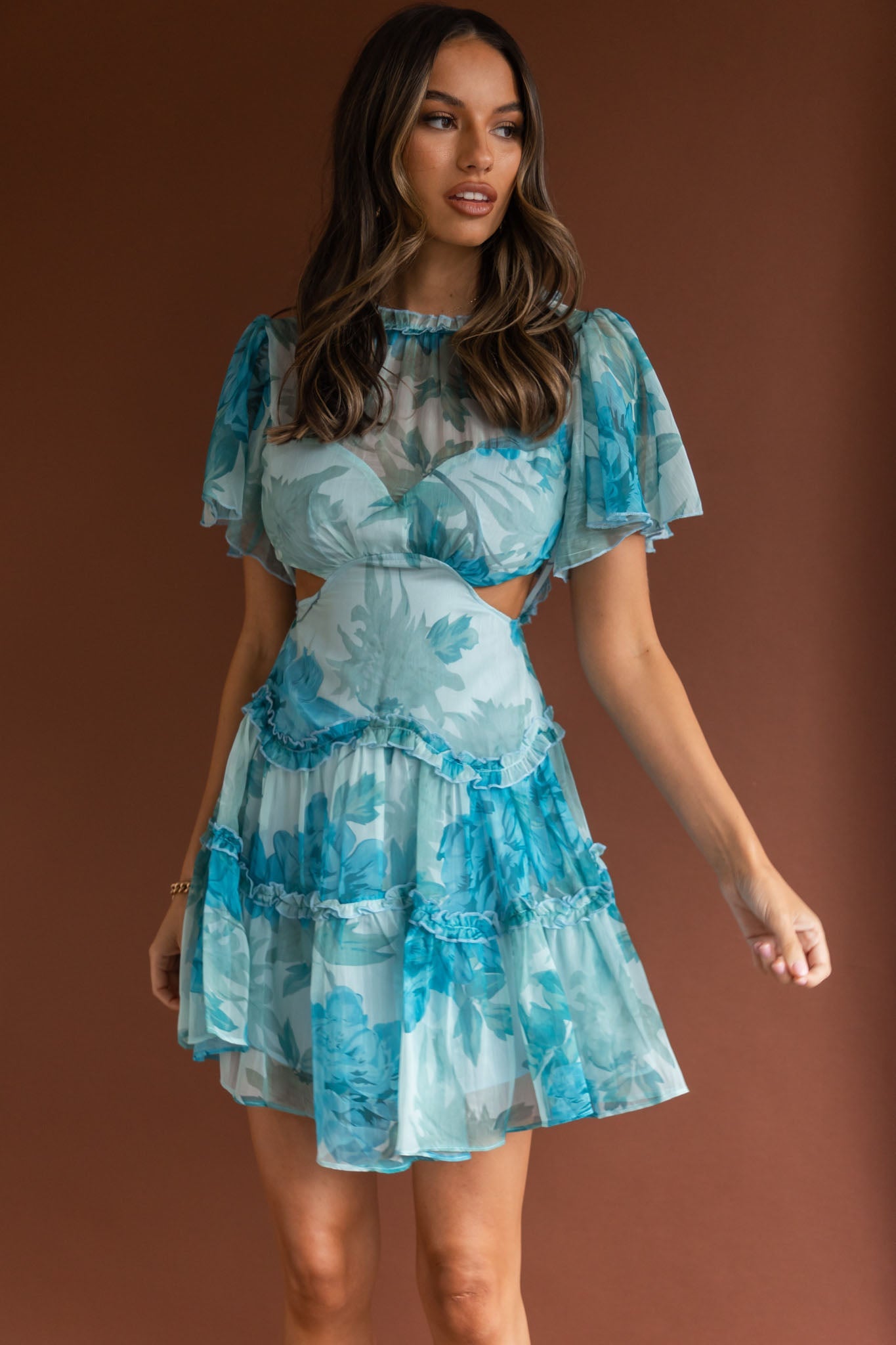 Tres Chic Flutter Sleeve Cut-Out Dress Botanical Blue