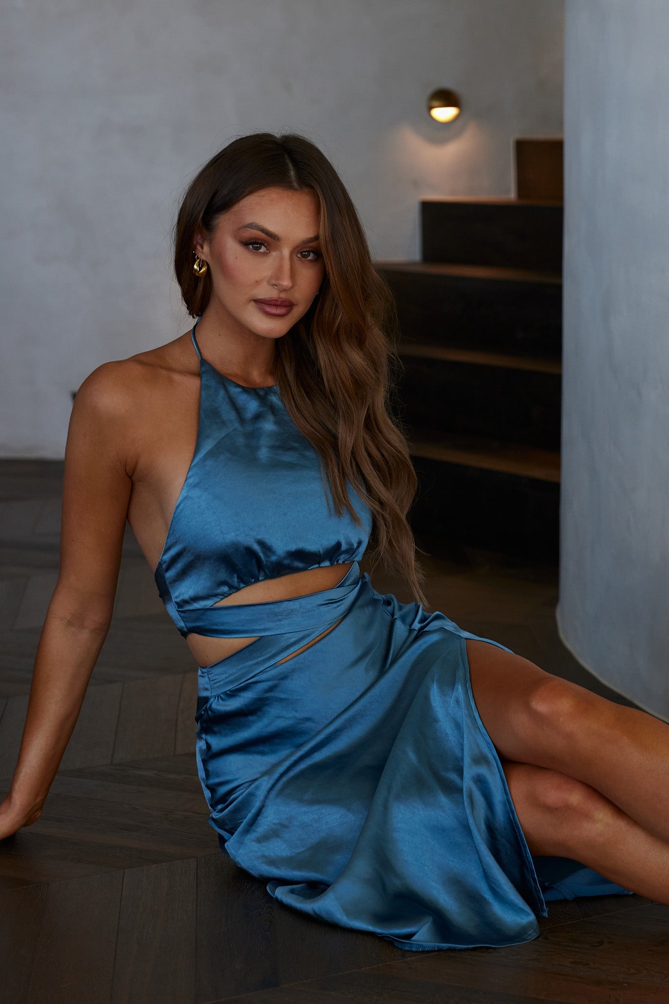 Social Butterfly Cut-Out Waist Midi Dress Midnight Blue