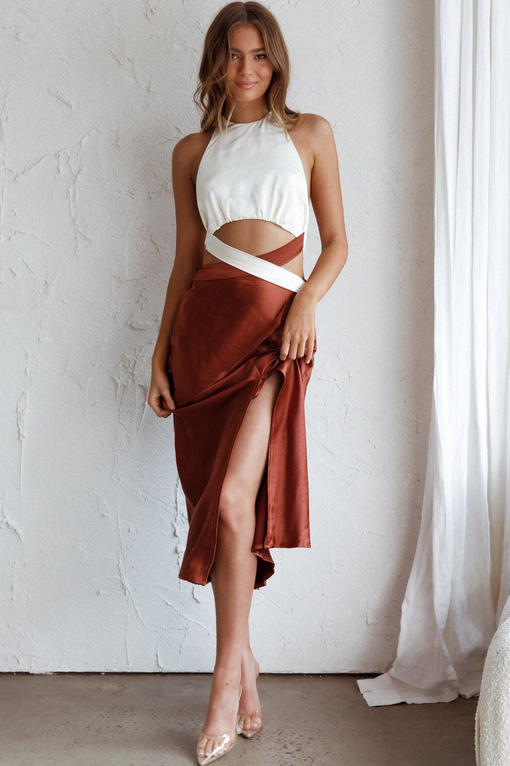 Social Butterfly Cut-Out Waist Midi Dress White Brown