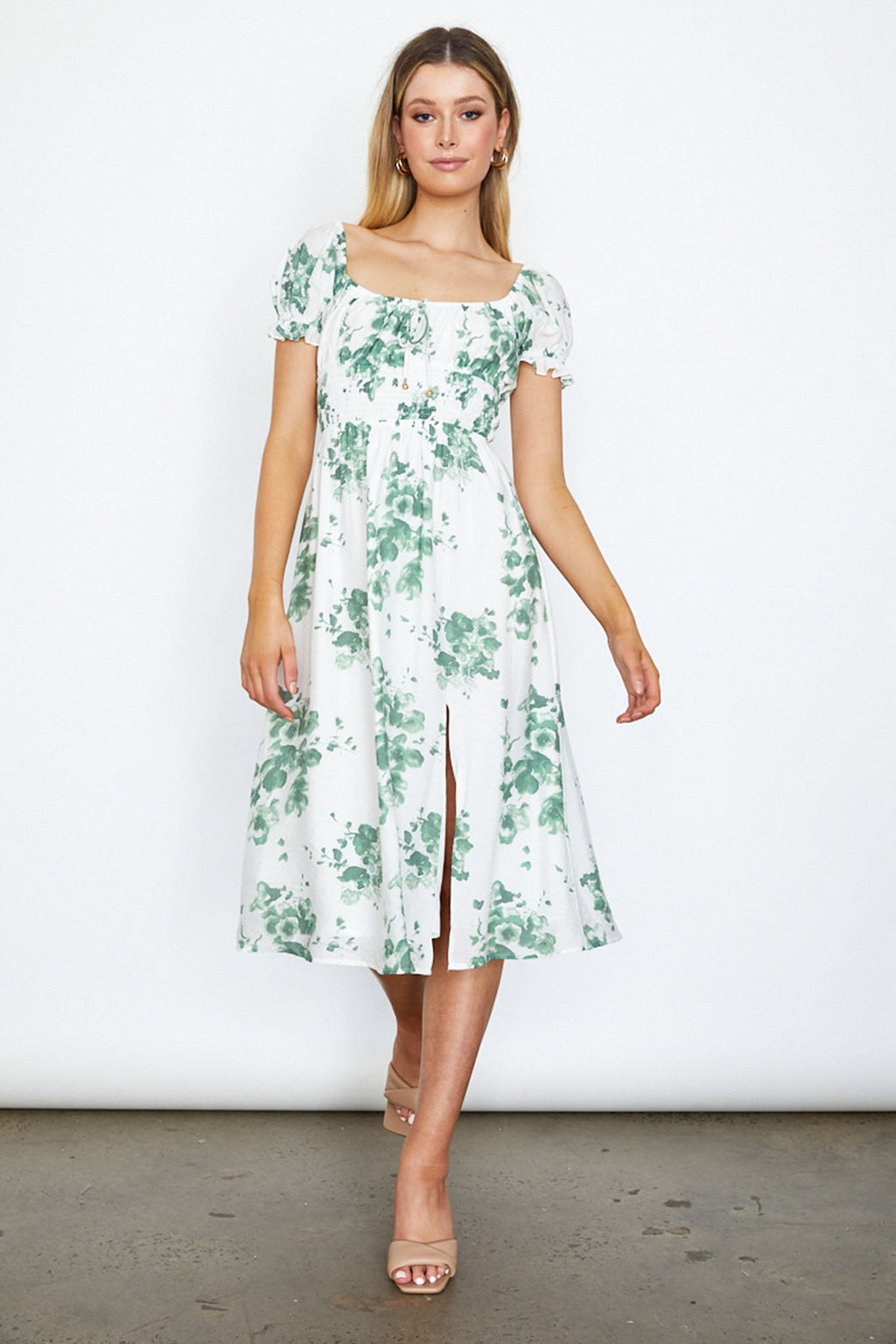 Amilie Shirred Waist Midi Dress Floral Print White/Olive