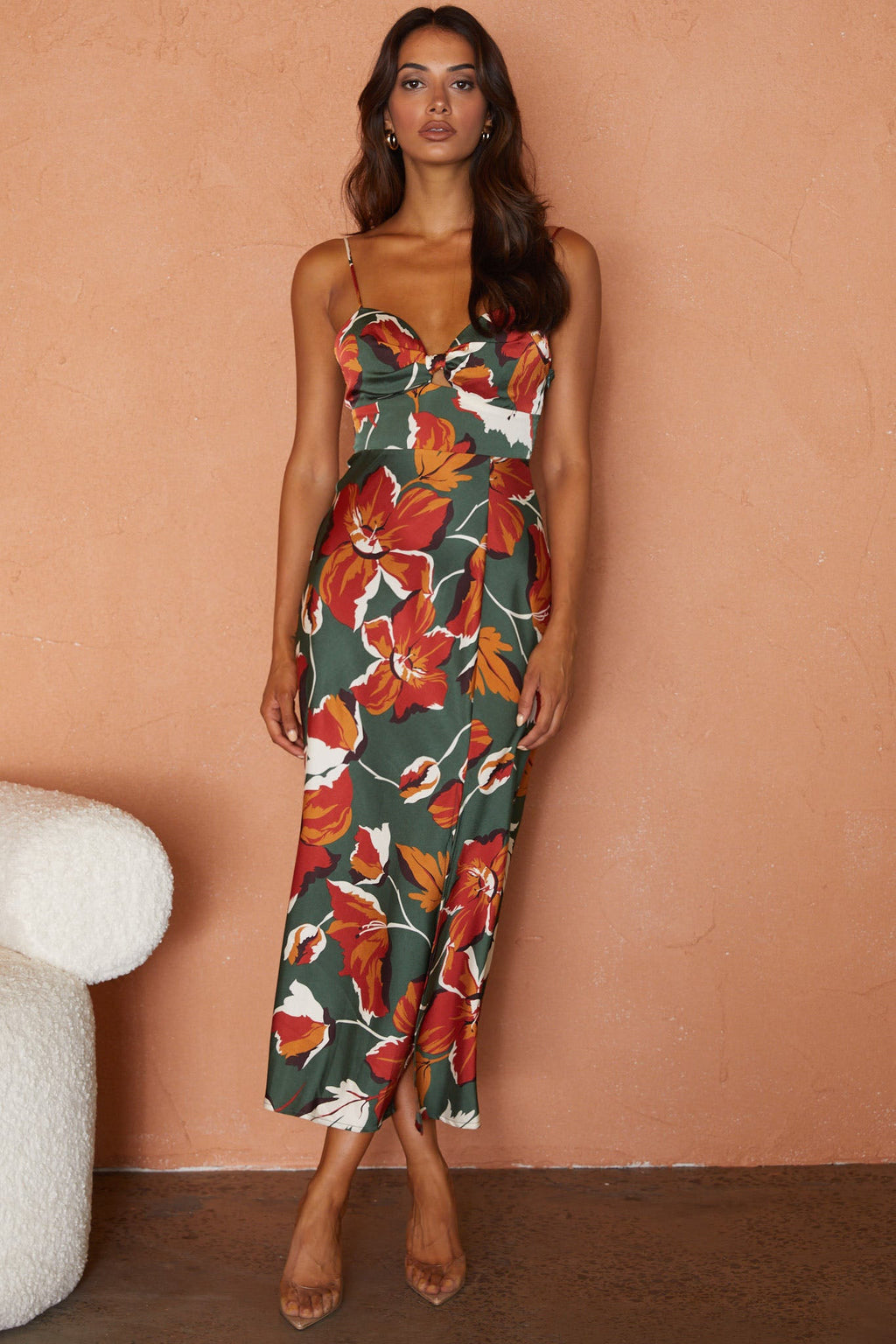Missoula Cami Strap Padded Bust Midi Dress Floral Print Green