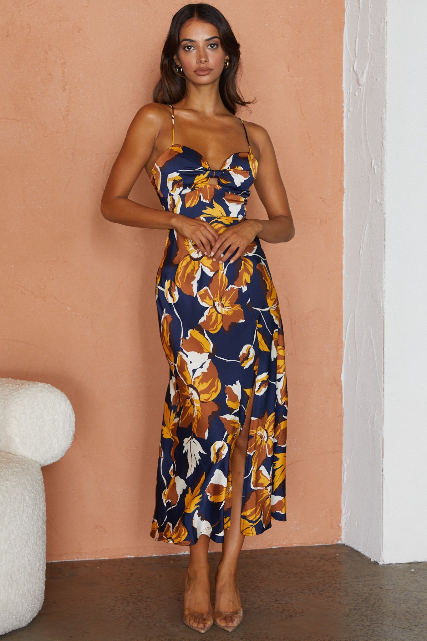 Missoula Cami Strap Padded Bust Midi Dress Floral Print Navy