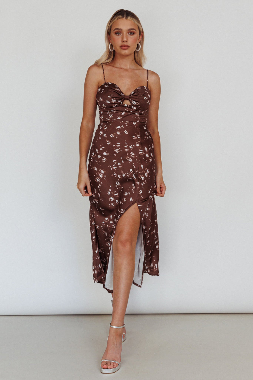 Missoula Cami Strap Padded Bust Midi Dress Printed Brown