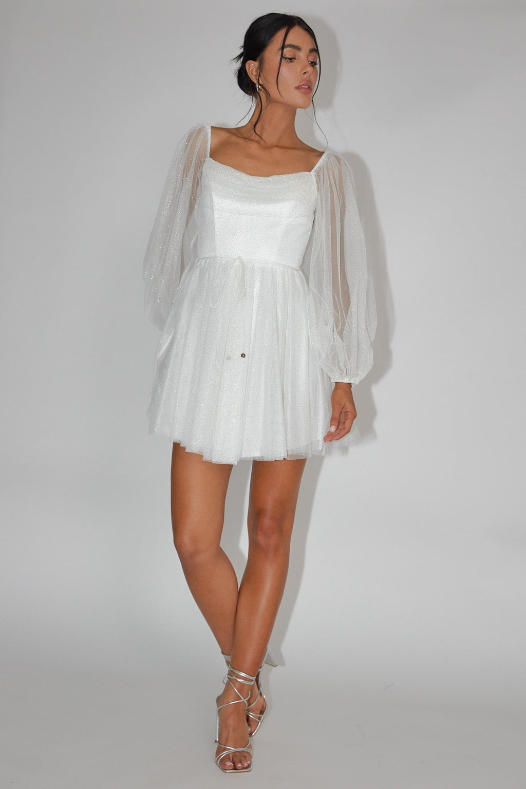 Fairytale Dream Pleat Neckline Mini Dress Sparkle White/Gold