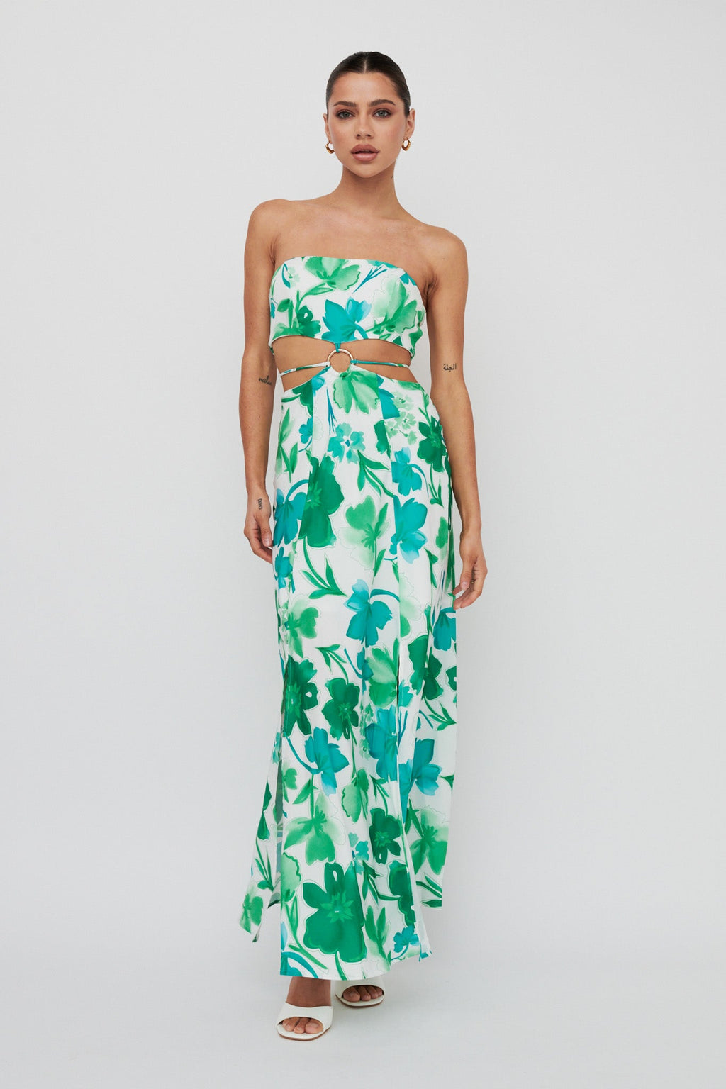 Tuscan Summers Strapless Cut-Out Midi Dress Green