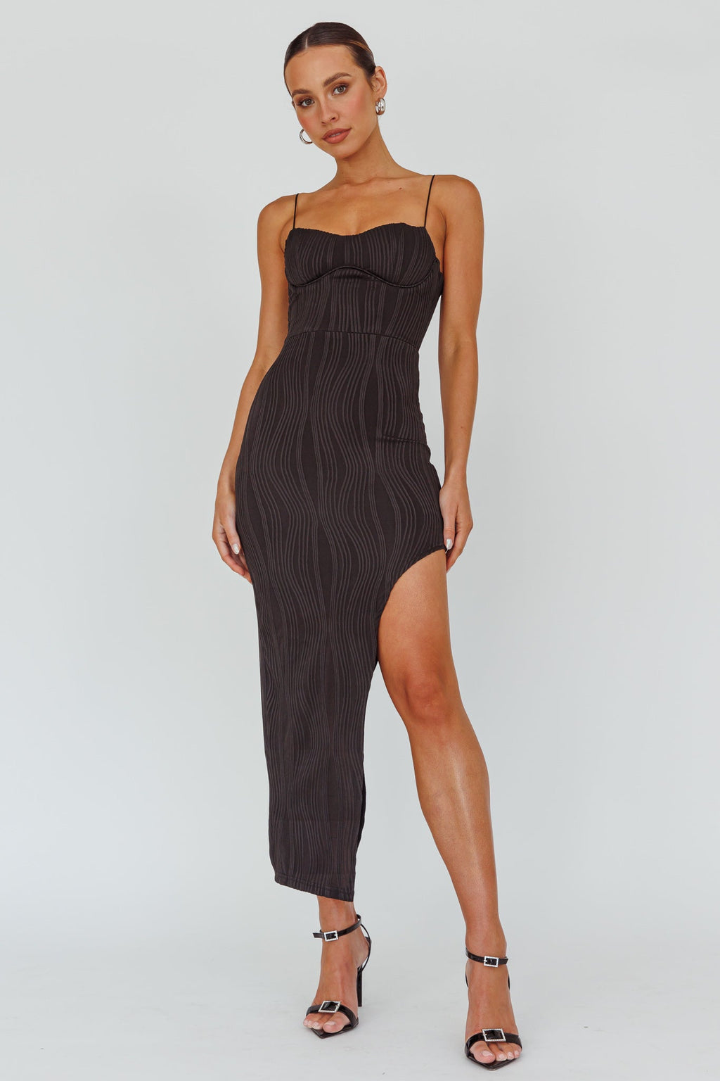 Silver Screen Queen Thigh Split Maxi Dress Stripe Black