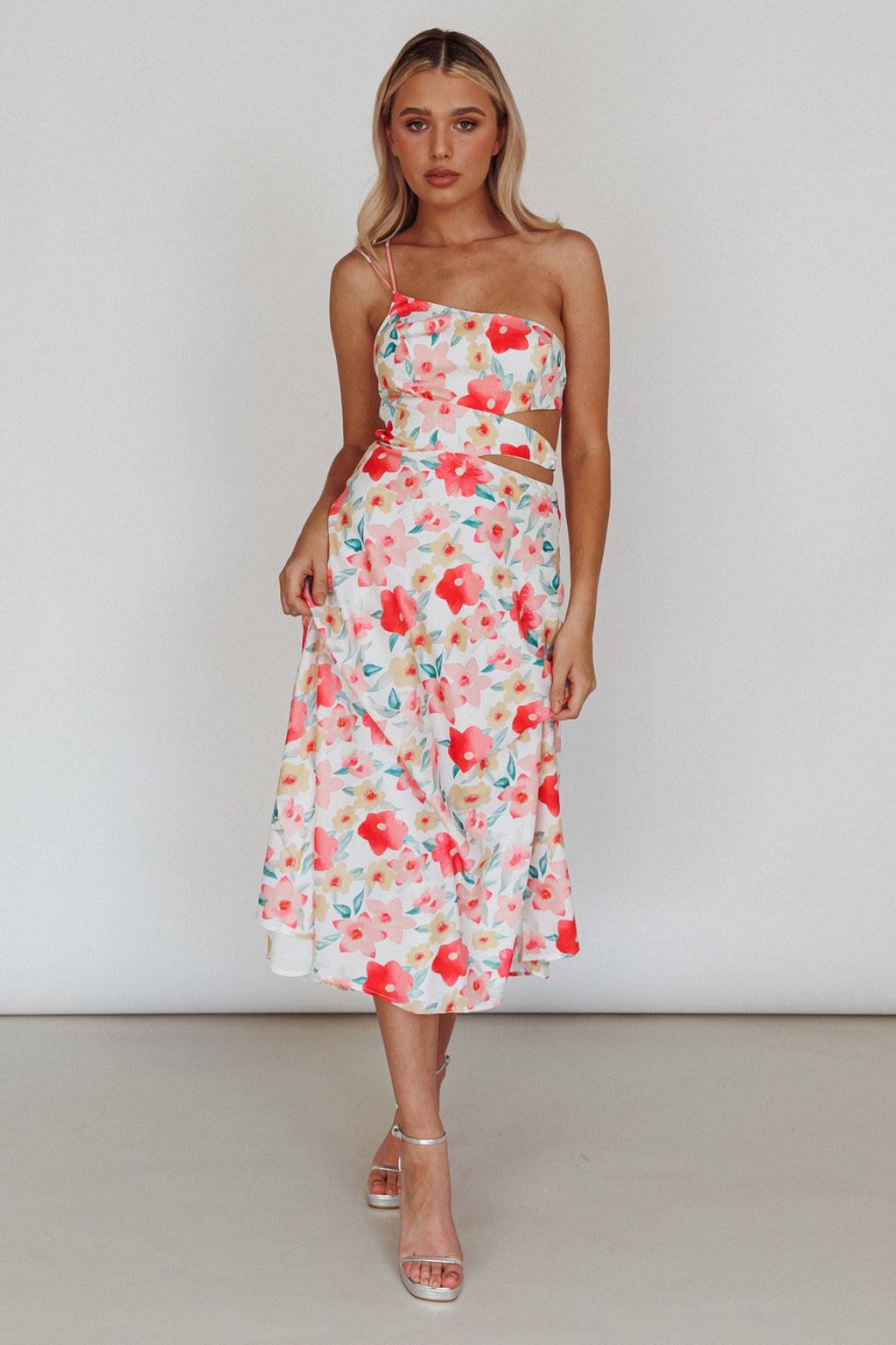 Halia One-Shoulder A-Line Midi Dress Floral Pink