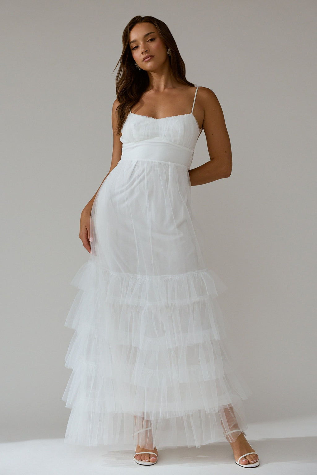 Nerida Twist Back Frill Trim Mesh Maxi Dress White
