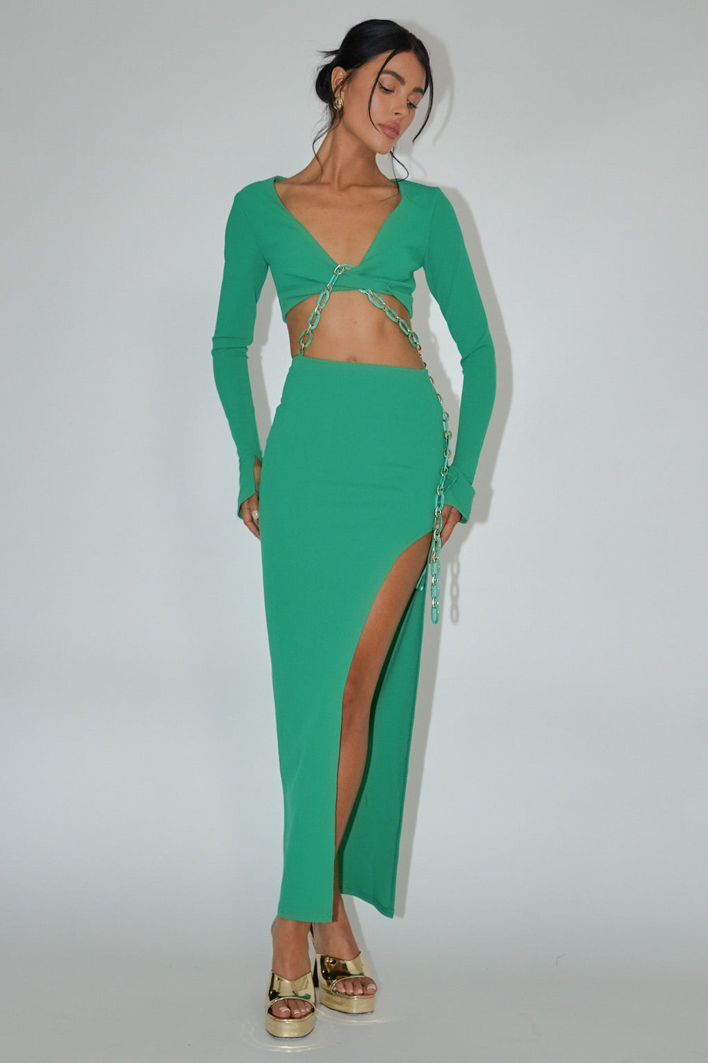 Sigournie Long Sleeve Chain Midi Dress Green