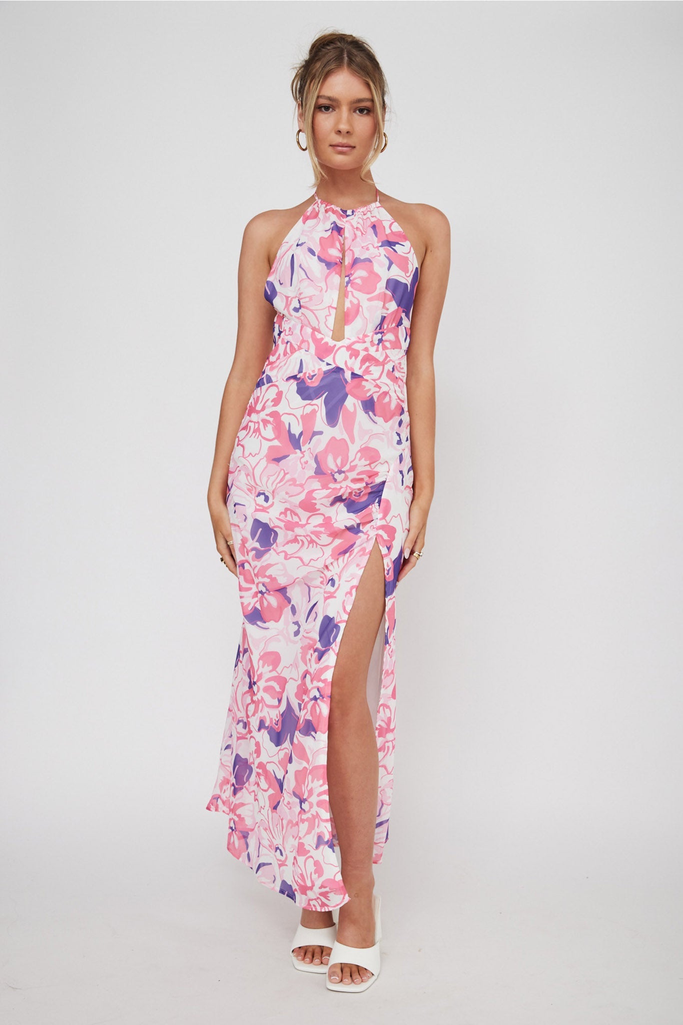 Nirvana Halterneck Split Midi Dress Floral Pink