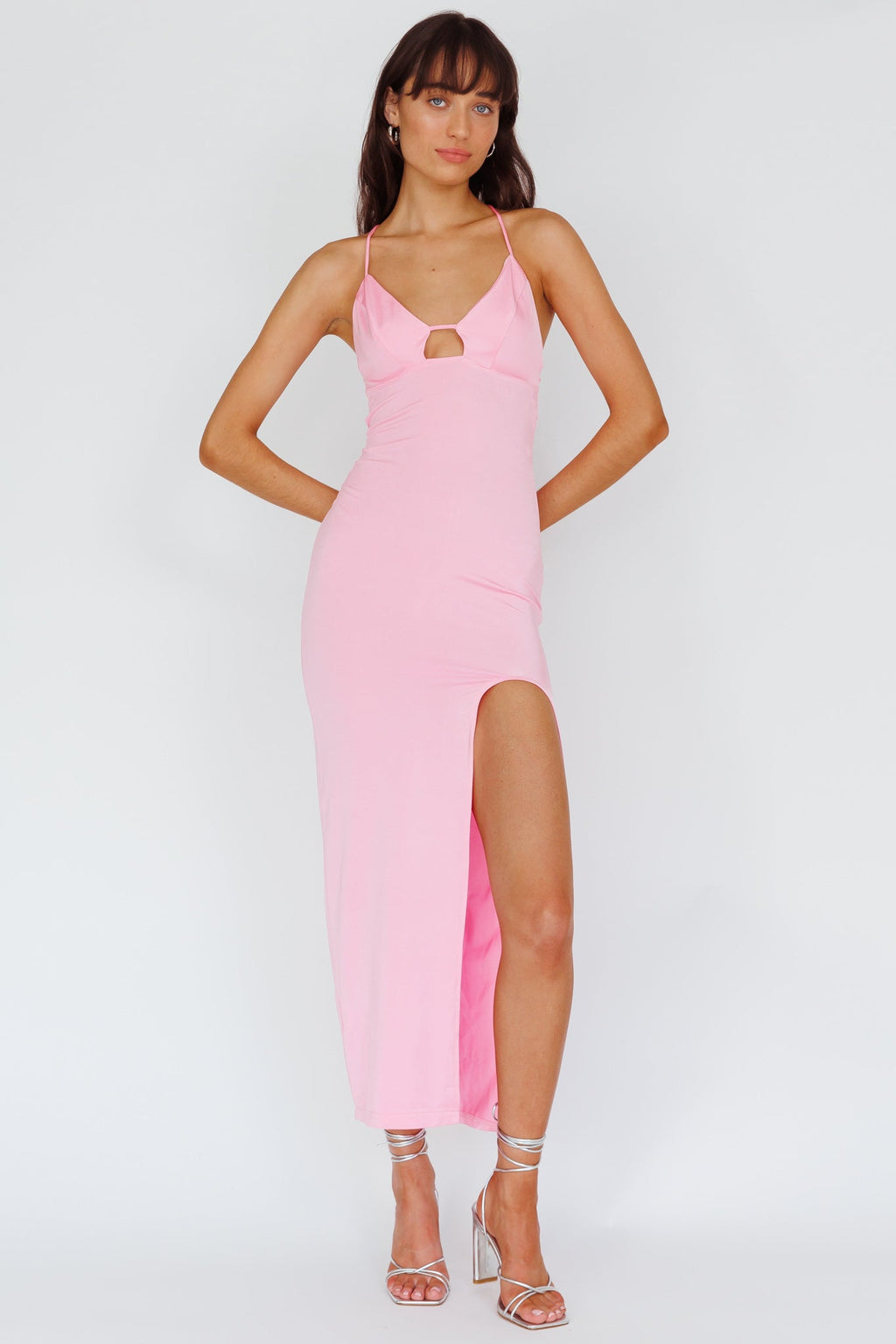 Summer Rose Front Split Midi Dress Pink