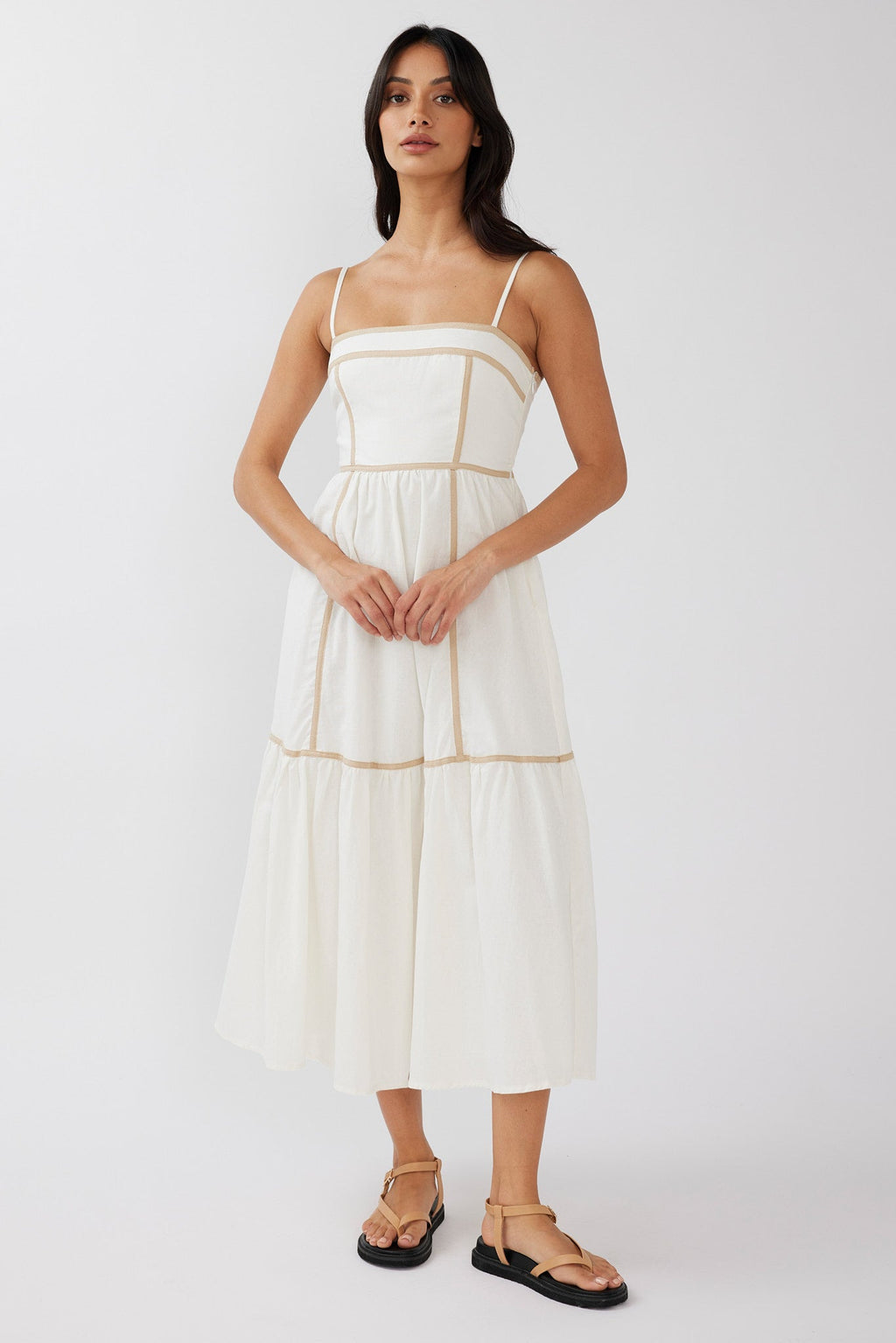 Confidante Piping Trim Midi Dress White
