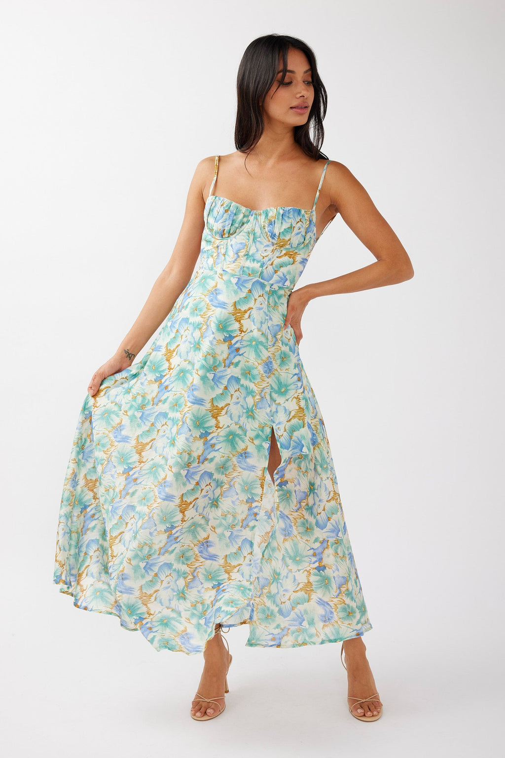 Echoes Tied Back A-Line Midi Dress Floral Green