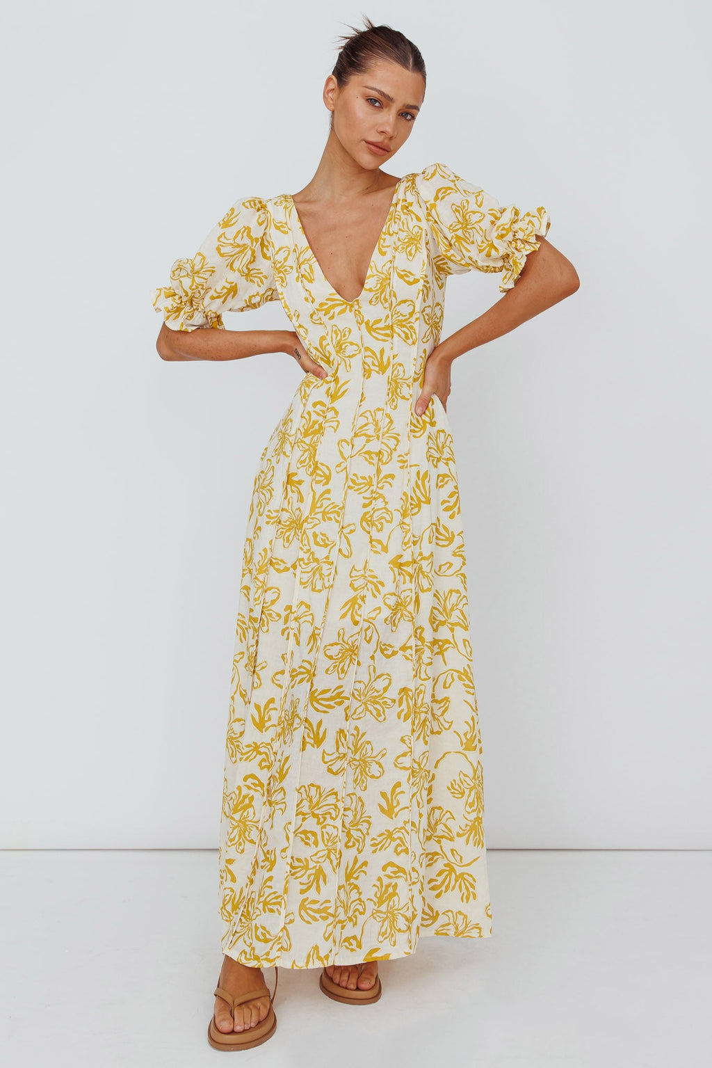 Sitting Pretty Pintuck Pleat Puff Sleeve Dress Yellow
