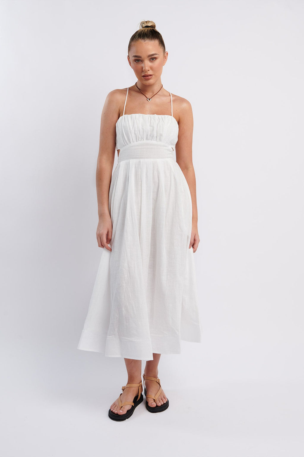 June Sun Tied Back Midi Dress White