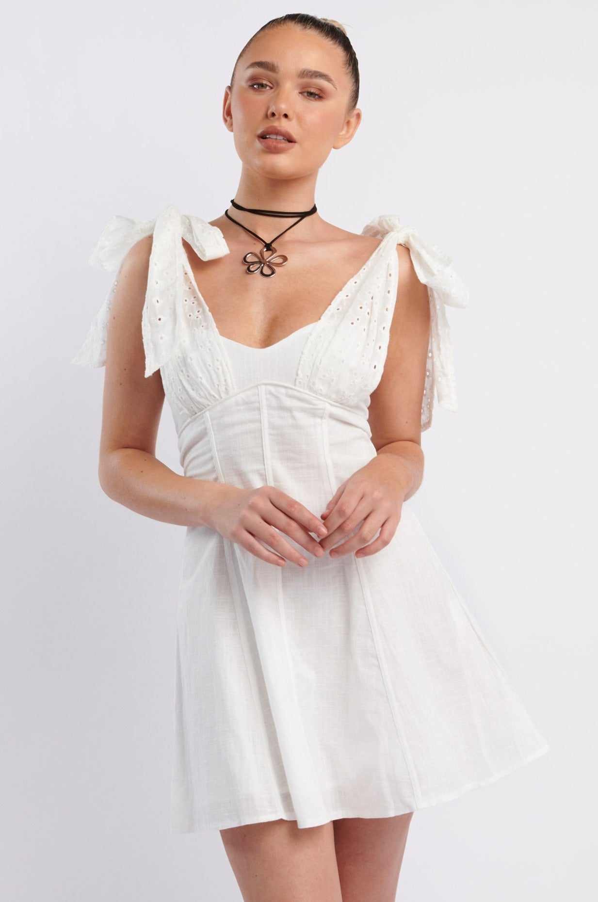 Kellie Bow Shoulder Mini Dress White