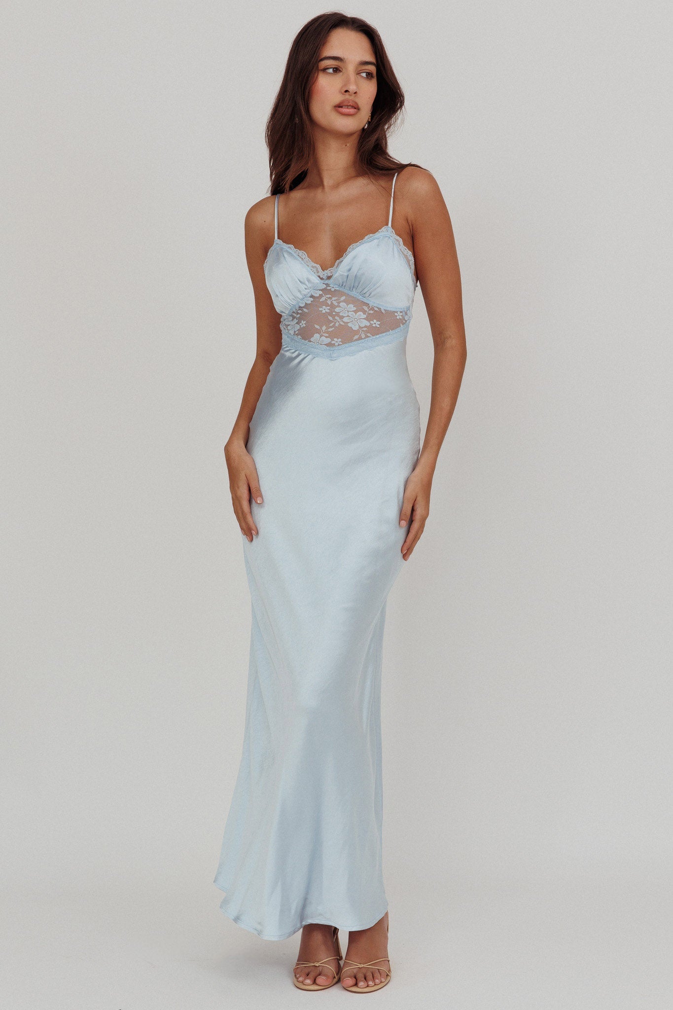 Her theory Lace Trim Maxi Dress Steel Blue
