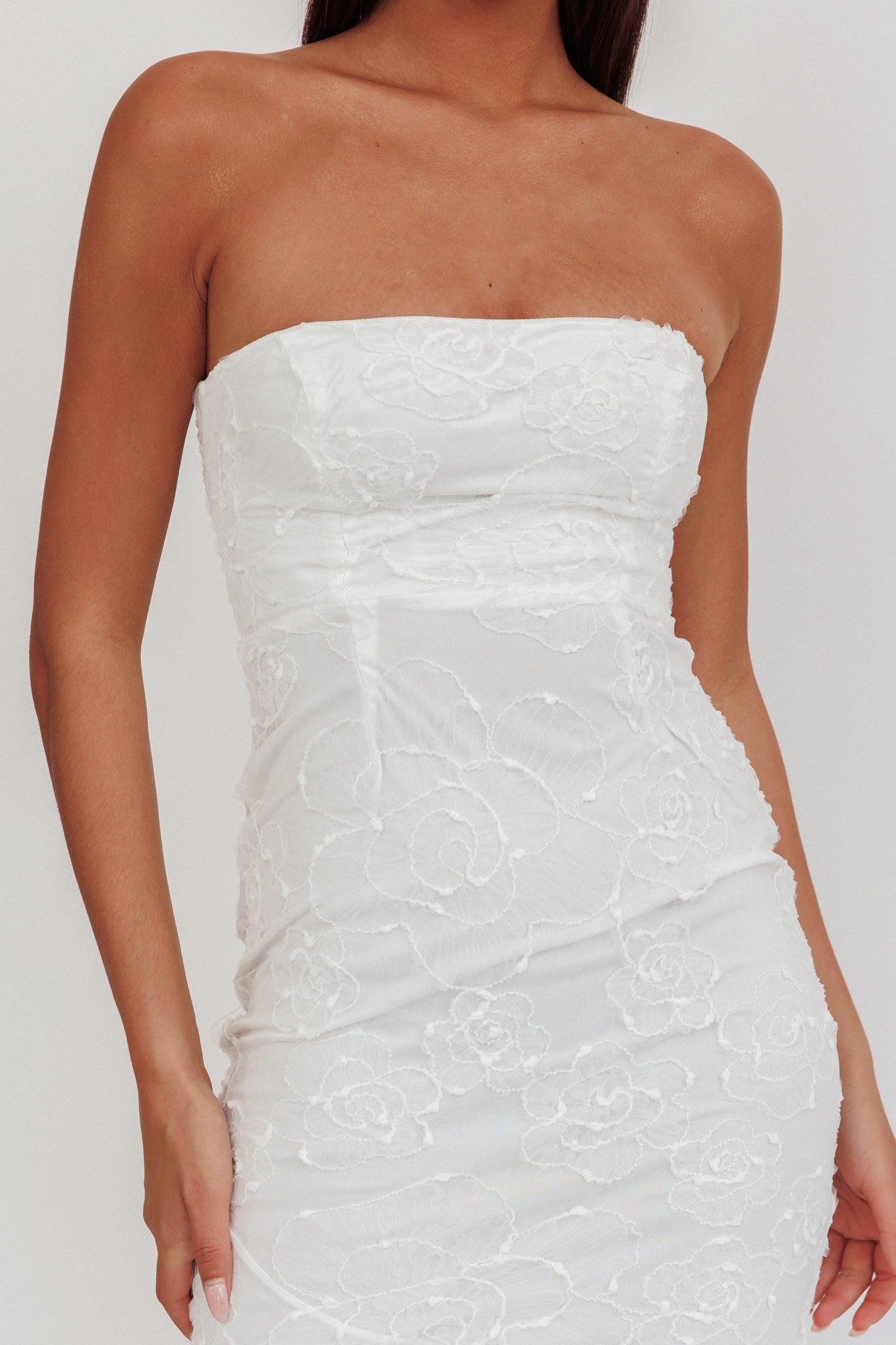 Bia Strapless Embroidered Midi Dress White