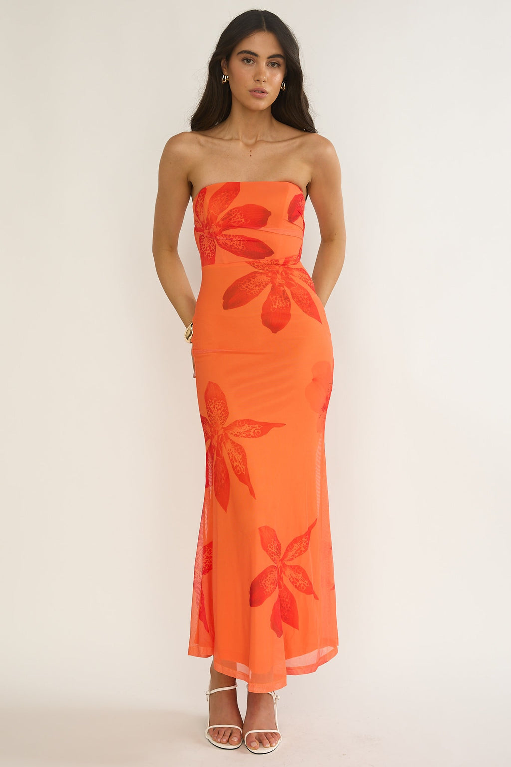 Minnesota Strapless Cowl Back Dress Floral Orange