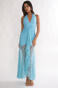 Kamilah Ruched Ruffle Maxi Dress Lace Teal
