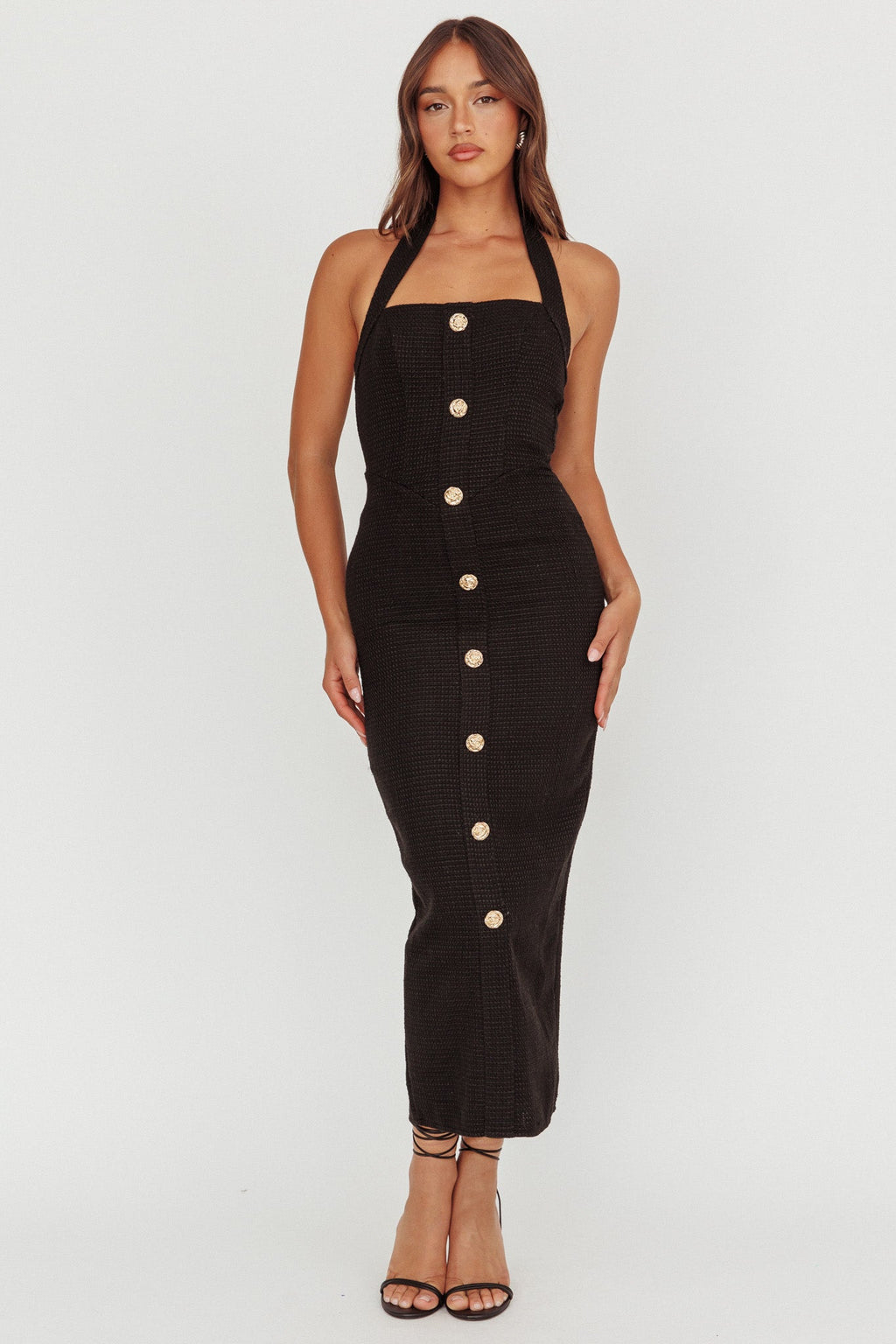She Is Button Front Halter Midi Dress Tweed Black