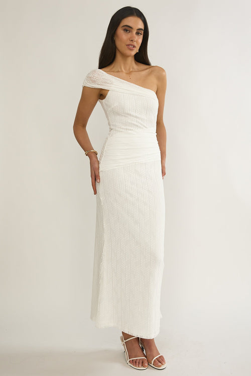 Gala One-Shoulder Textured Maxi Dress White