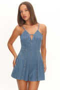 Quira Pintuck Pleat Mini Romper Denim Blue