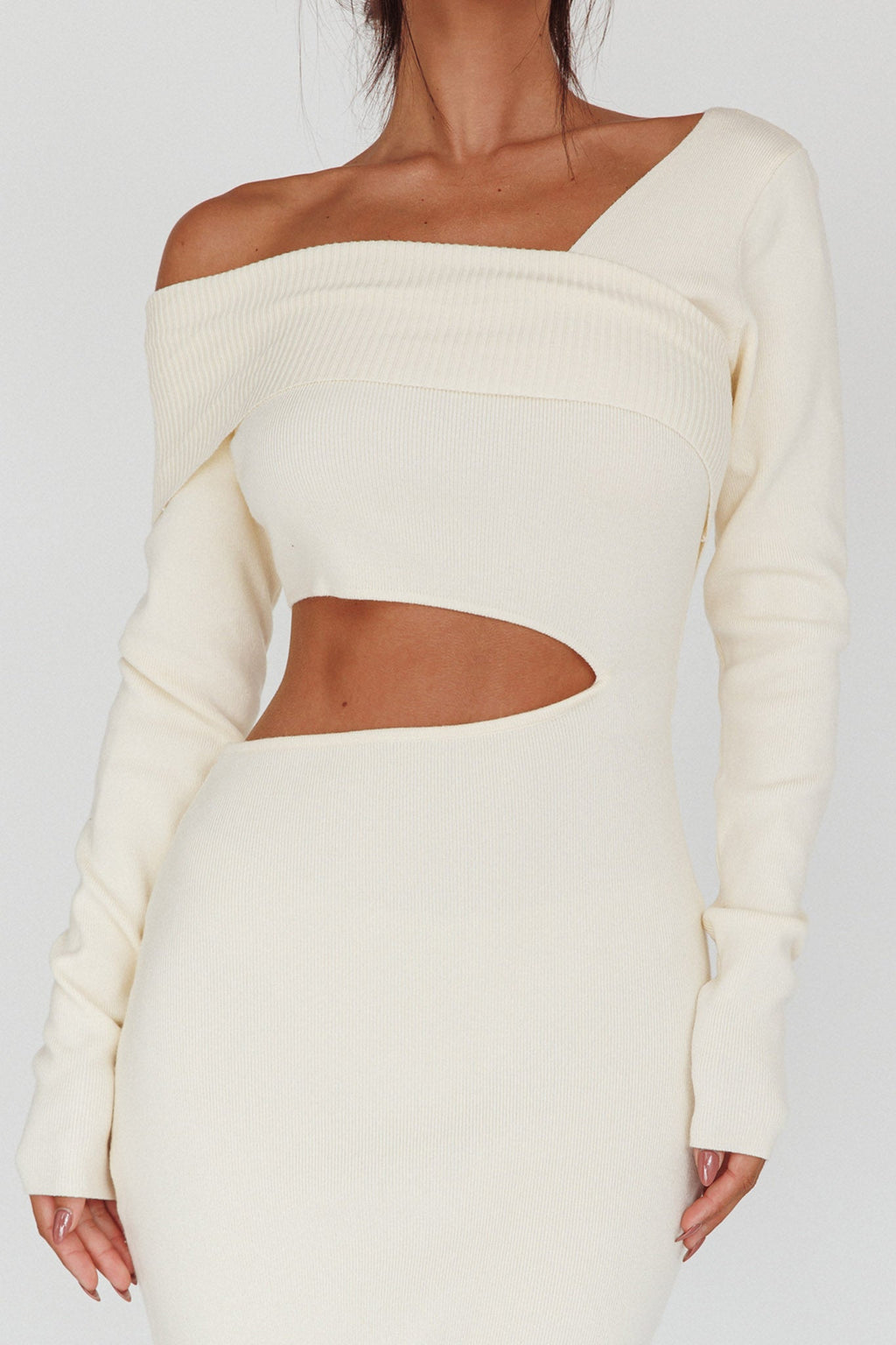 Tamar Long Sleeve One-Shoulder Midi Dress Cream