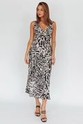 Turin V-Neckline Print Midi Dress Black