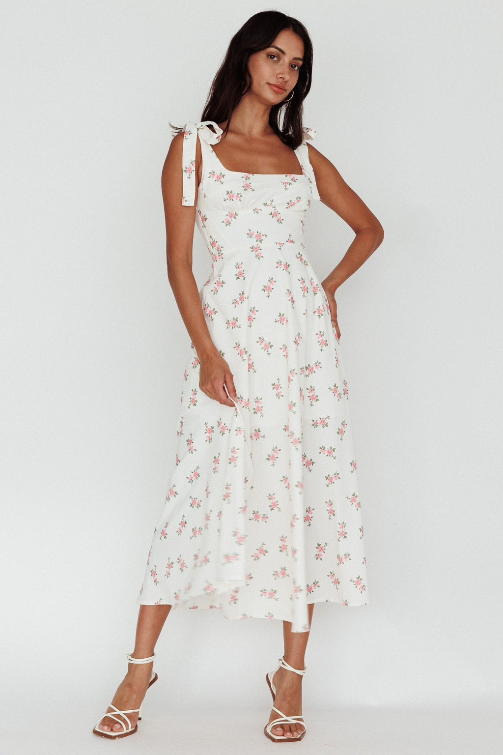 Mathilda Tied Shoulder Midi Dress Pink Floral