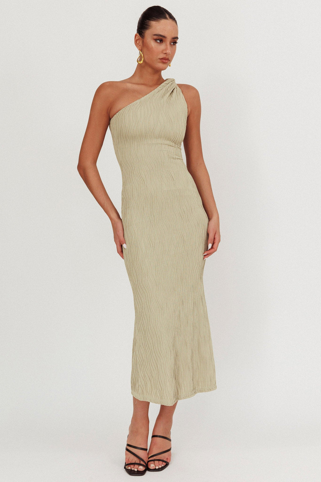 Lingering Love One-Shoulder Twist Midi Dress Sage