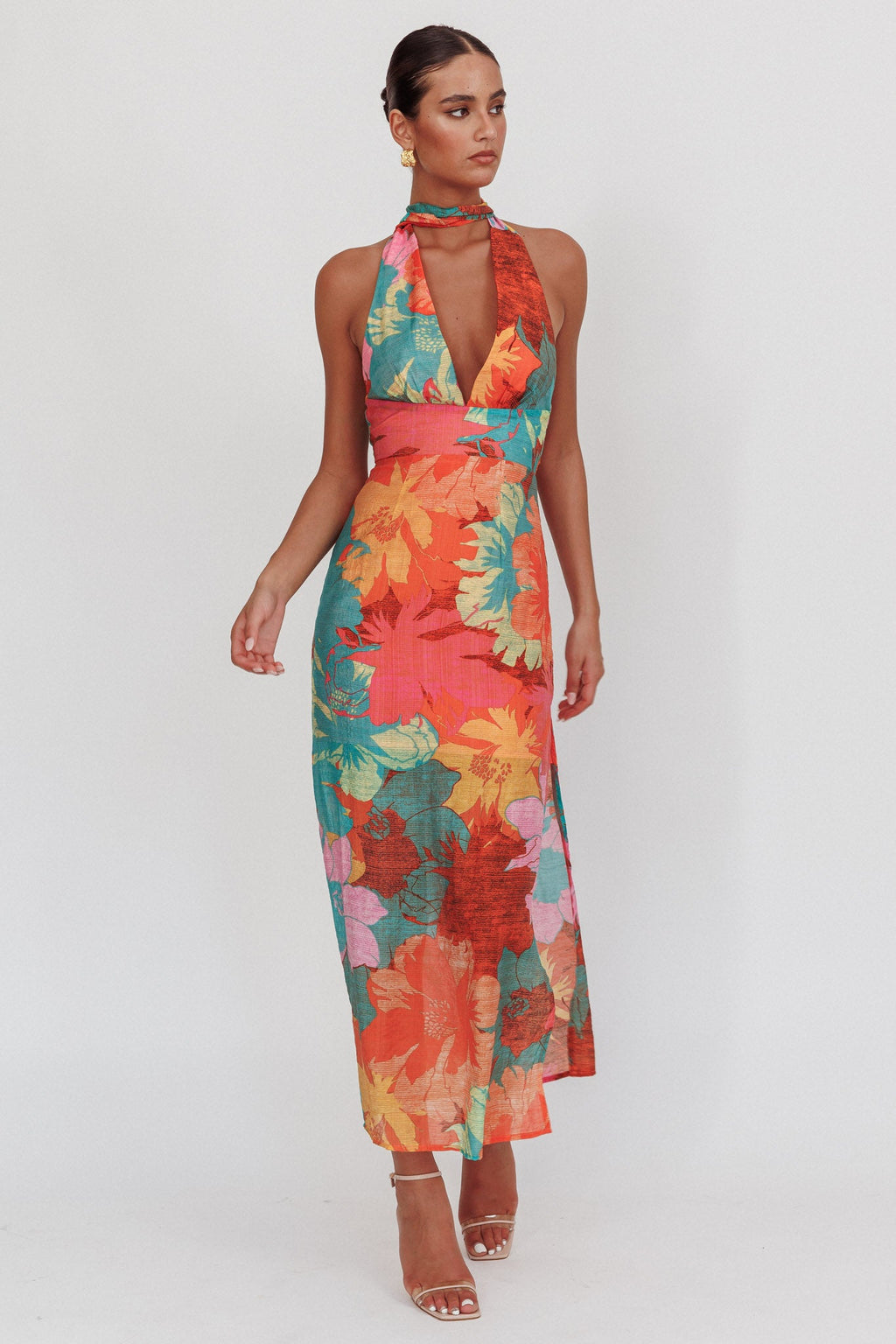 Cipriana Backless Halter Maxi Dress Floral Pink