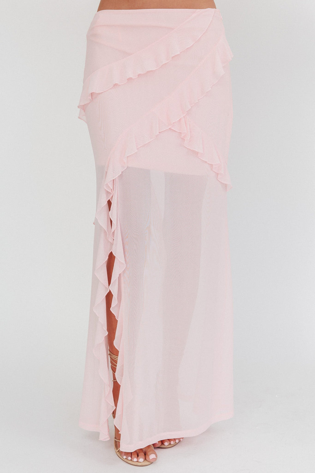 Frosted Sugar Ruffle Trim Split Midi Skirt Pink