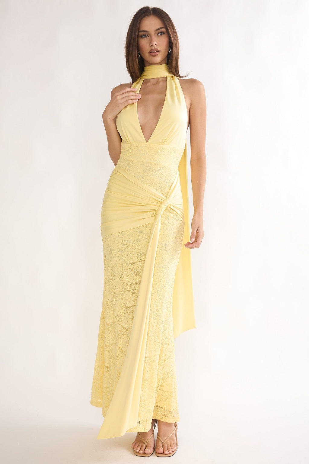 Adair Halterneck Waist Sash Maxi Dress Lace Butter