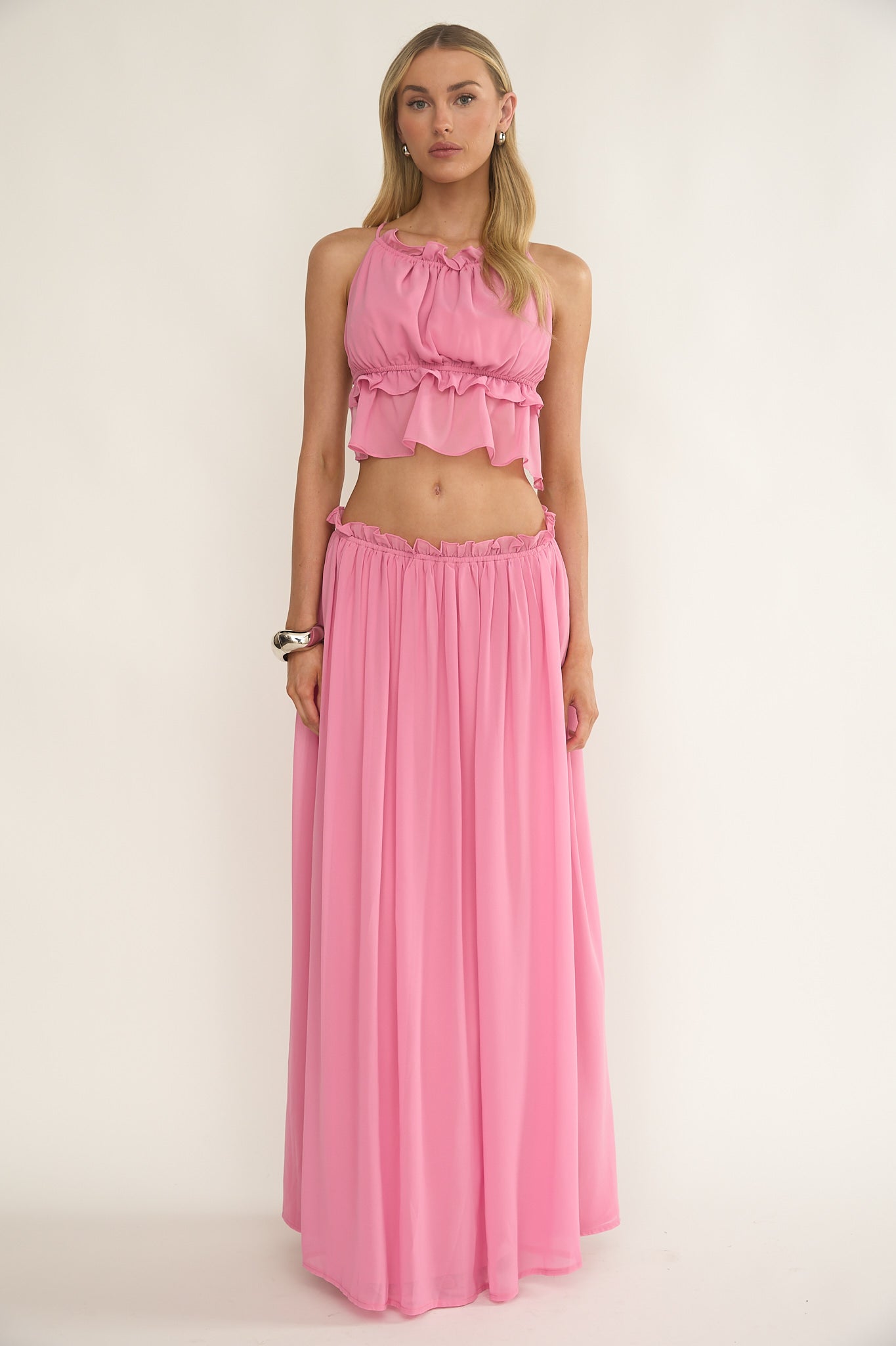 Marivelle Frill Trim Maxi Skirt Pink