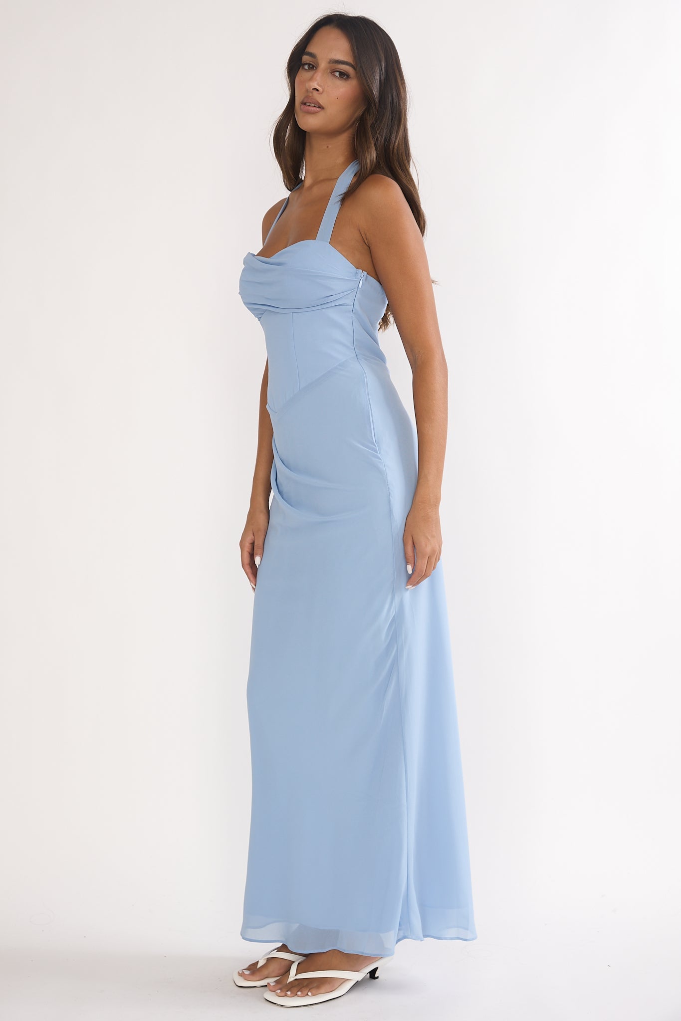 Rovelle Halterneck Pleat Waist Maxi Dress Sky Blue