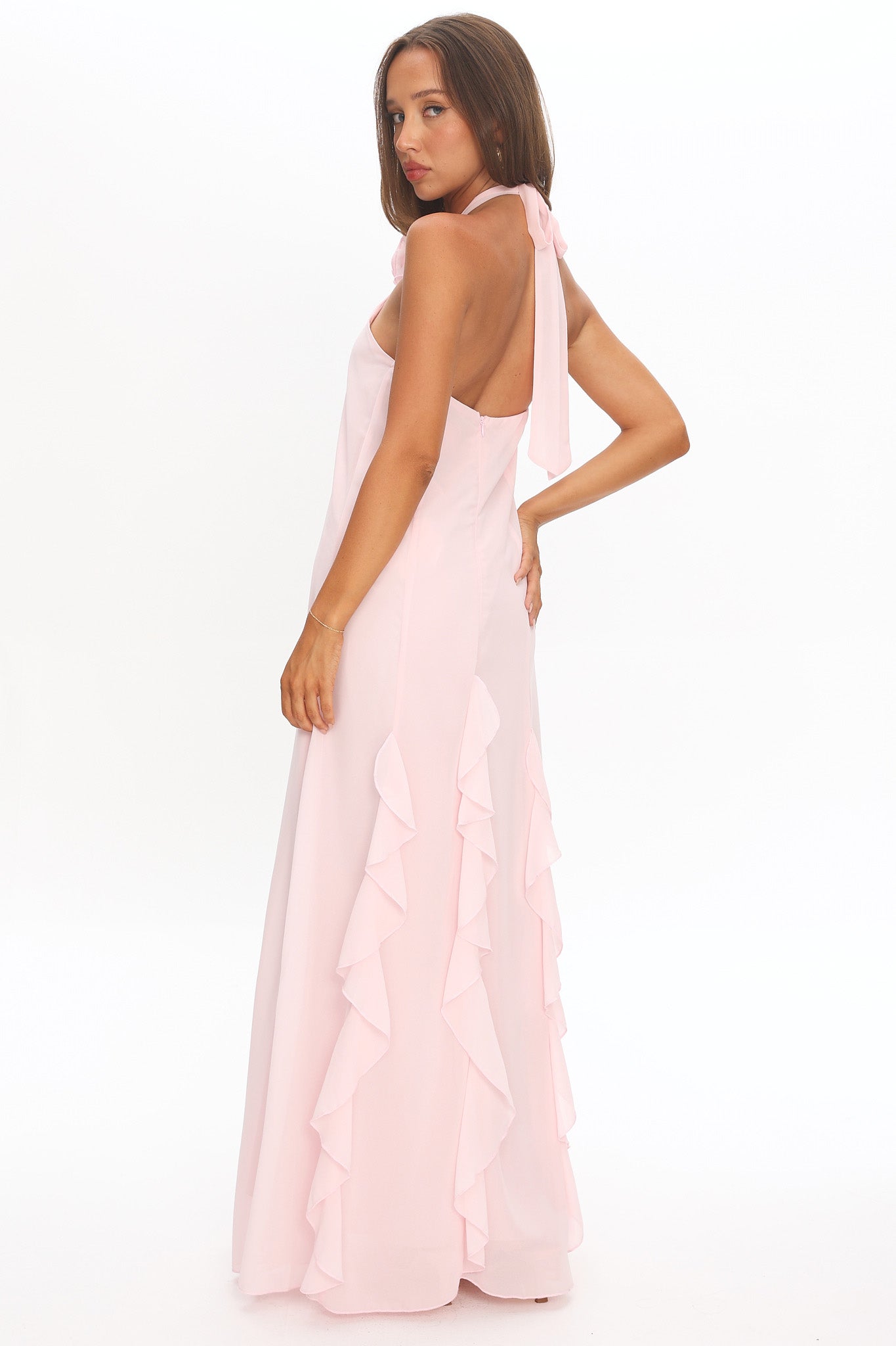 Lecce Halterneck Ruffle Trim Maxi Dress Blush