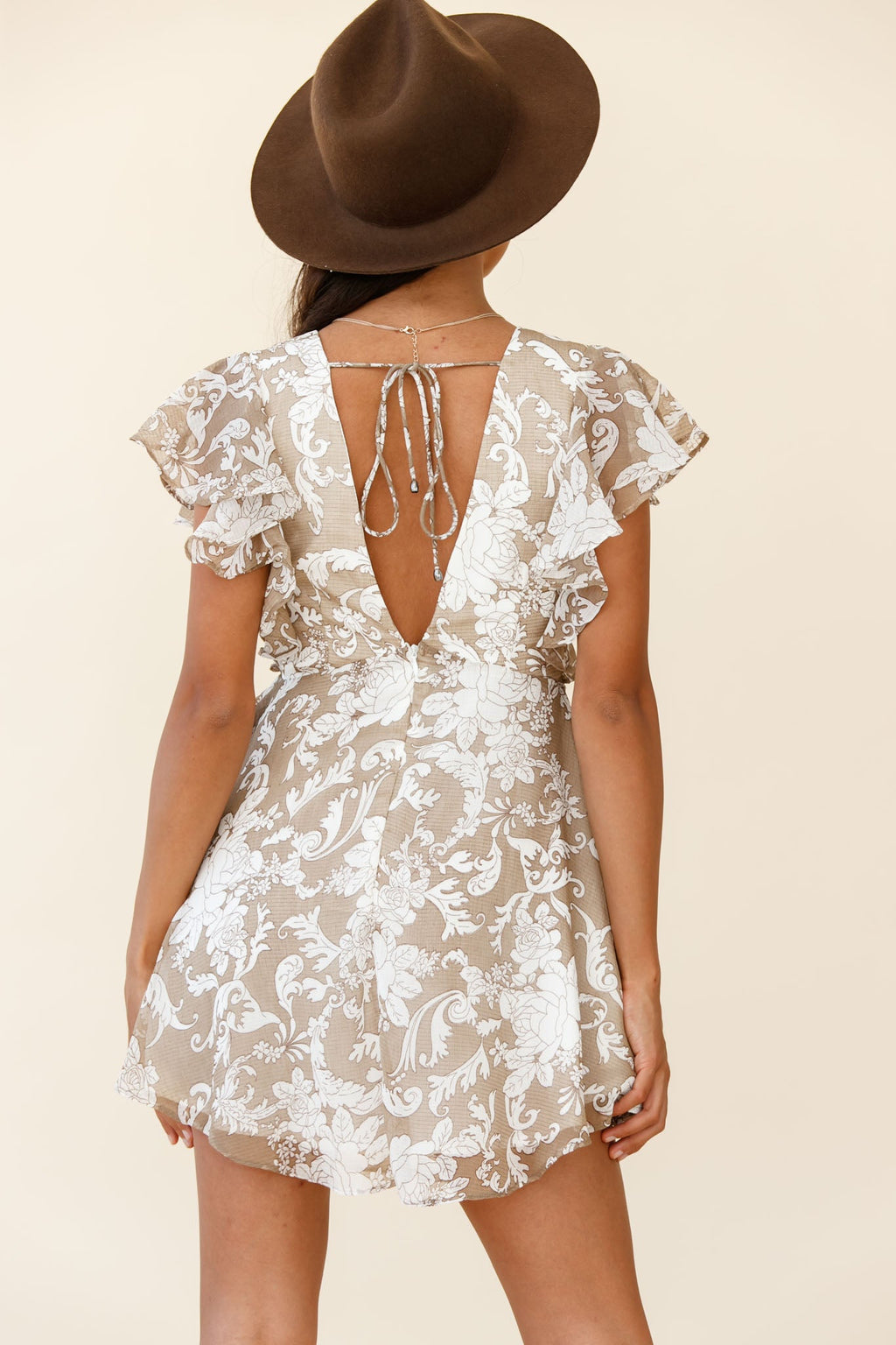 Say That Again Ruffle Shoulder Dress Ornate Floral Print Beige