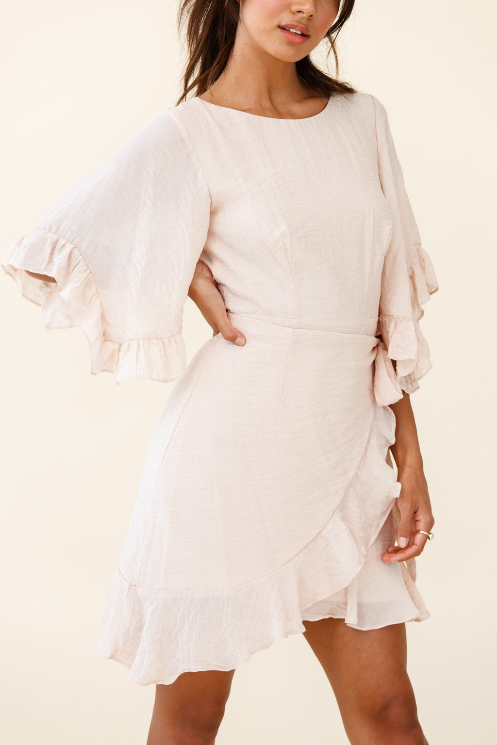Make It Happen Flared Sleeve Ruffle Trim Dress Beige
