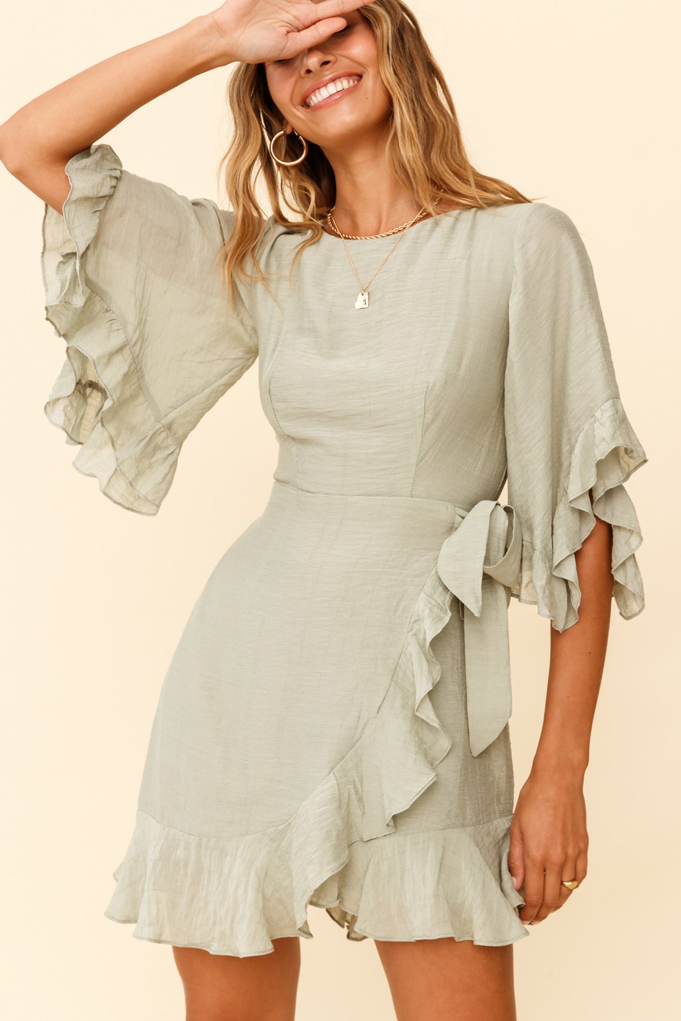 Make It Happen Flared Sleeve Ruffle Trim Dress Pistachio