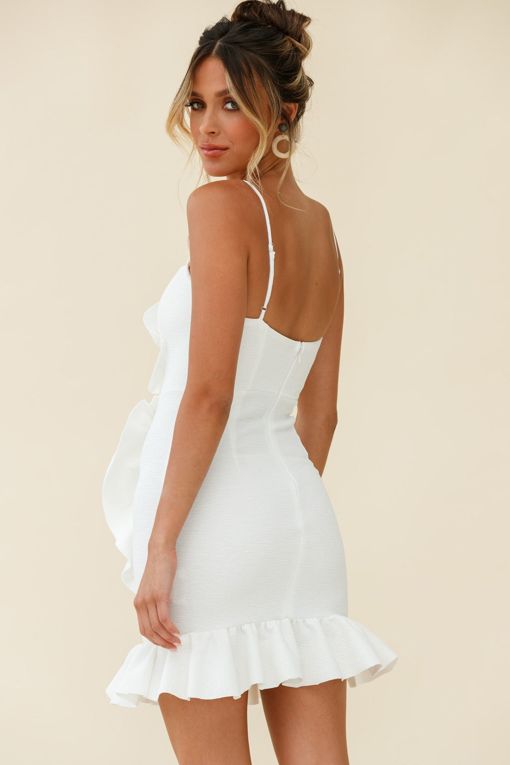 Juanita Half Moon Ruffle Detail Bodycon Dress White
