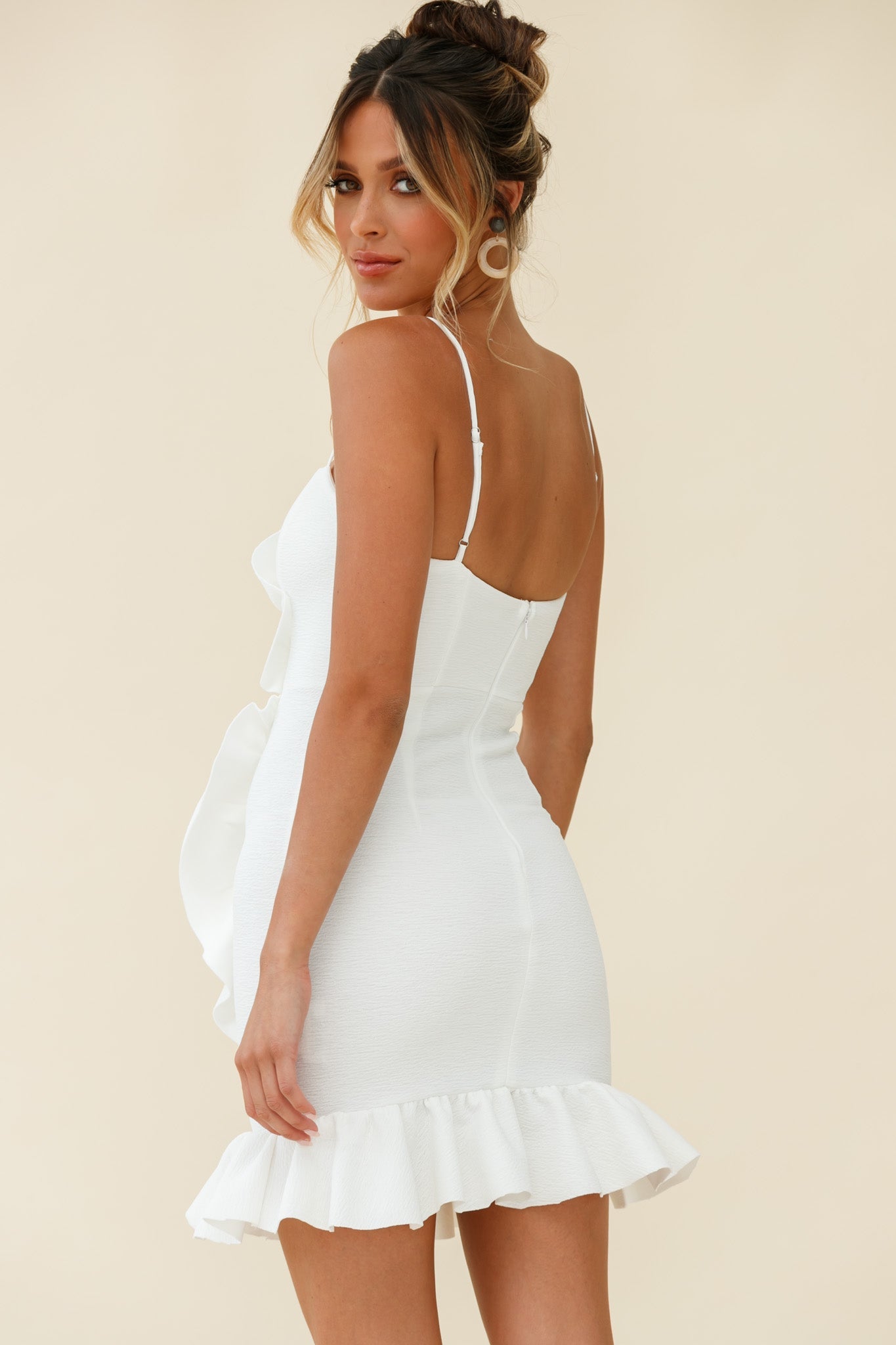 Juanita Half Moon Ruffle Detail Bodycon Dress White
