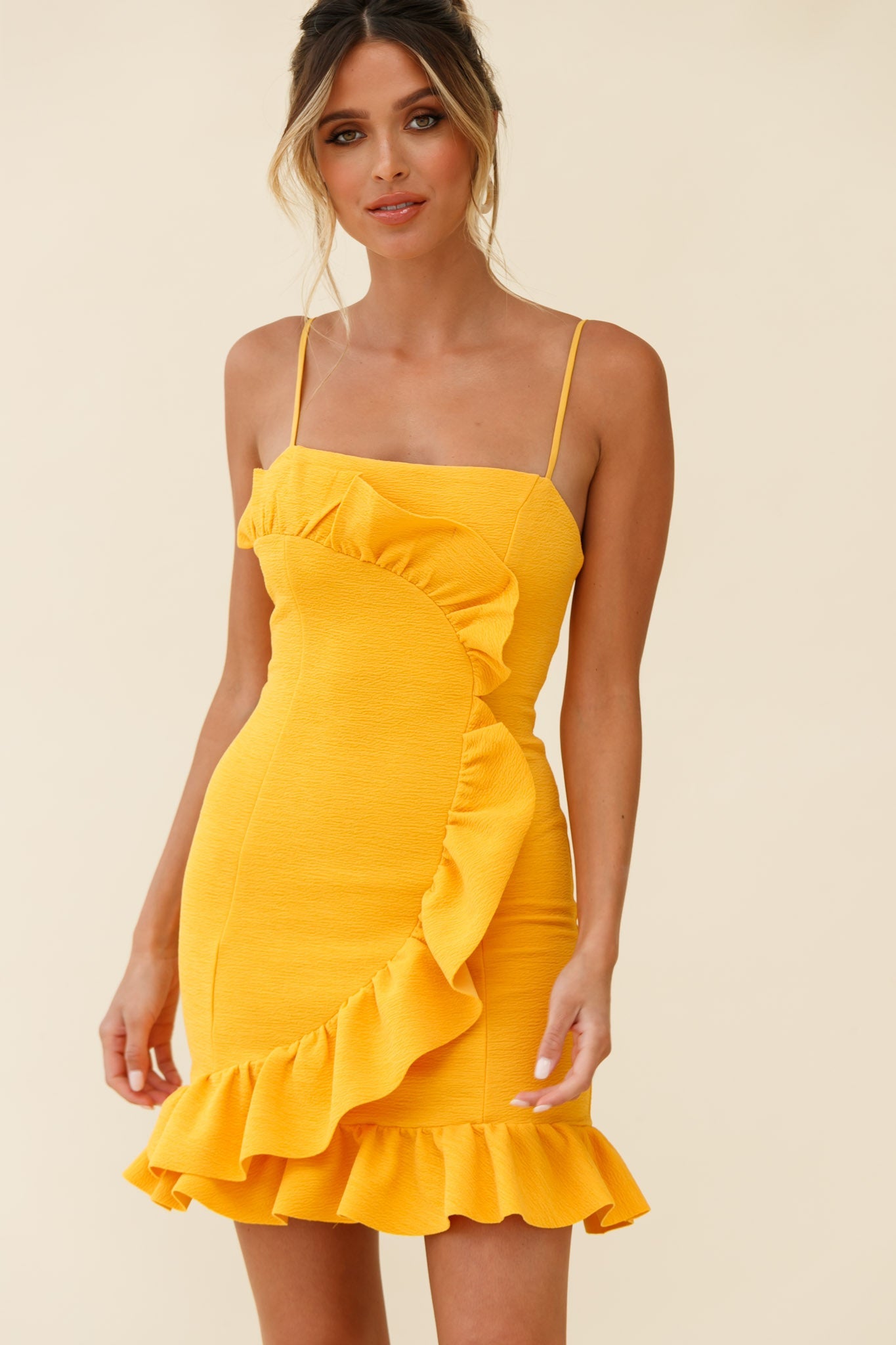 Juanita Half Moon Ruffle Detail Bodycon Dress Yellow