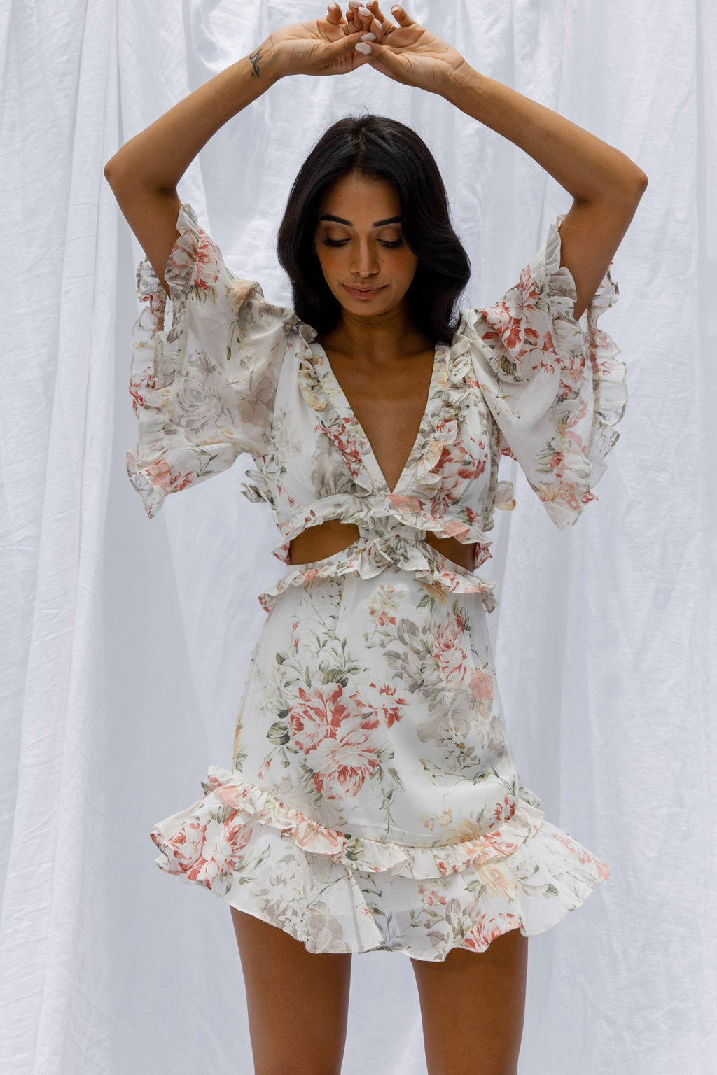My Belle Cut-Out Detail Frill Accent Dress Vintage Floral Print White