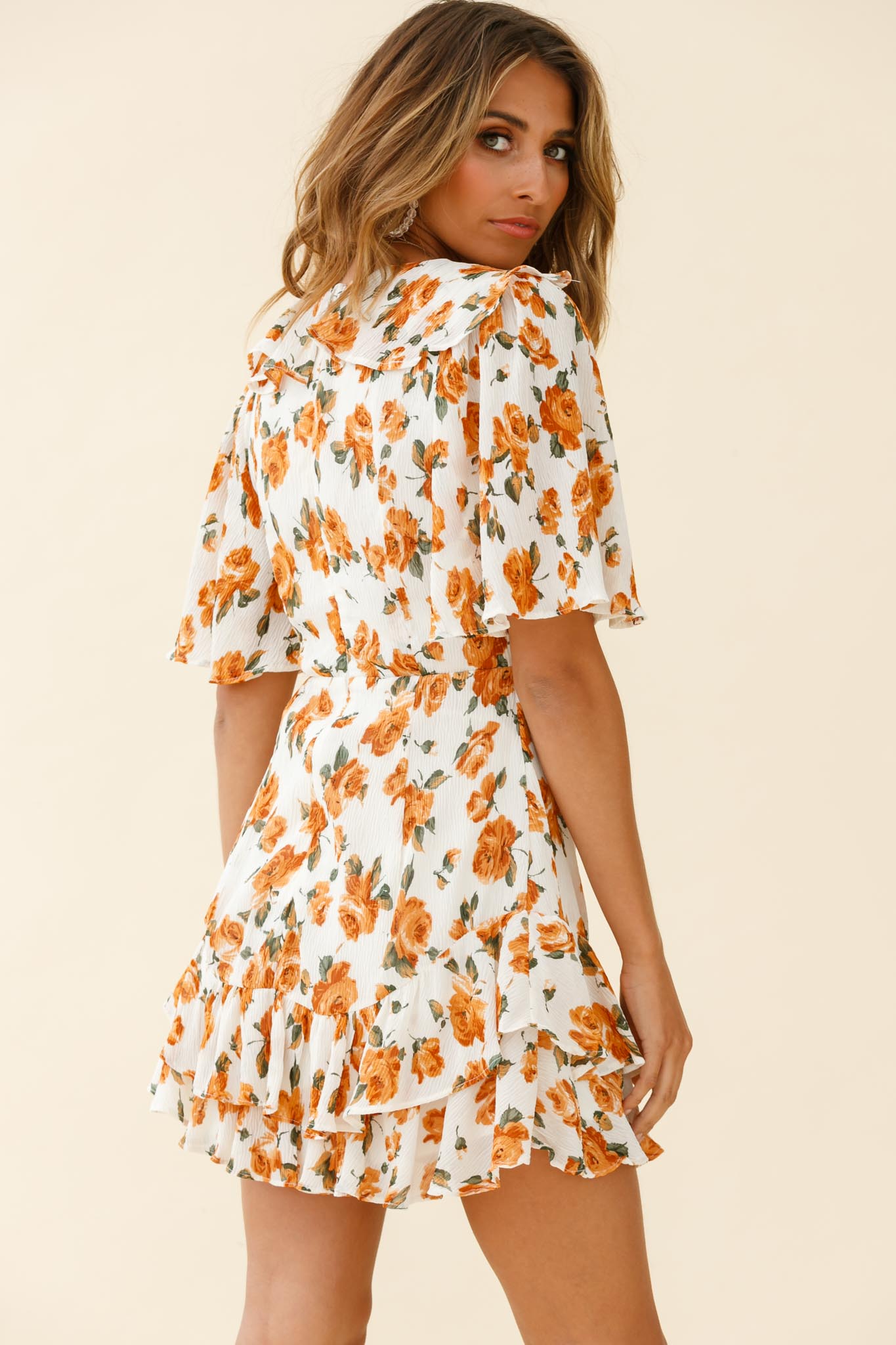 Mona Lisa Angel Sleeve Ruffle Trim Dress Rose Print Dress White/Tan