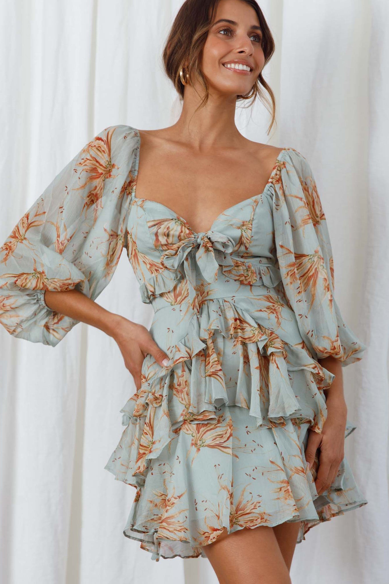 Flower Child Three Quarter Sleeve Bust Tie Ruffle Dress Lily Print Pistachio