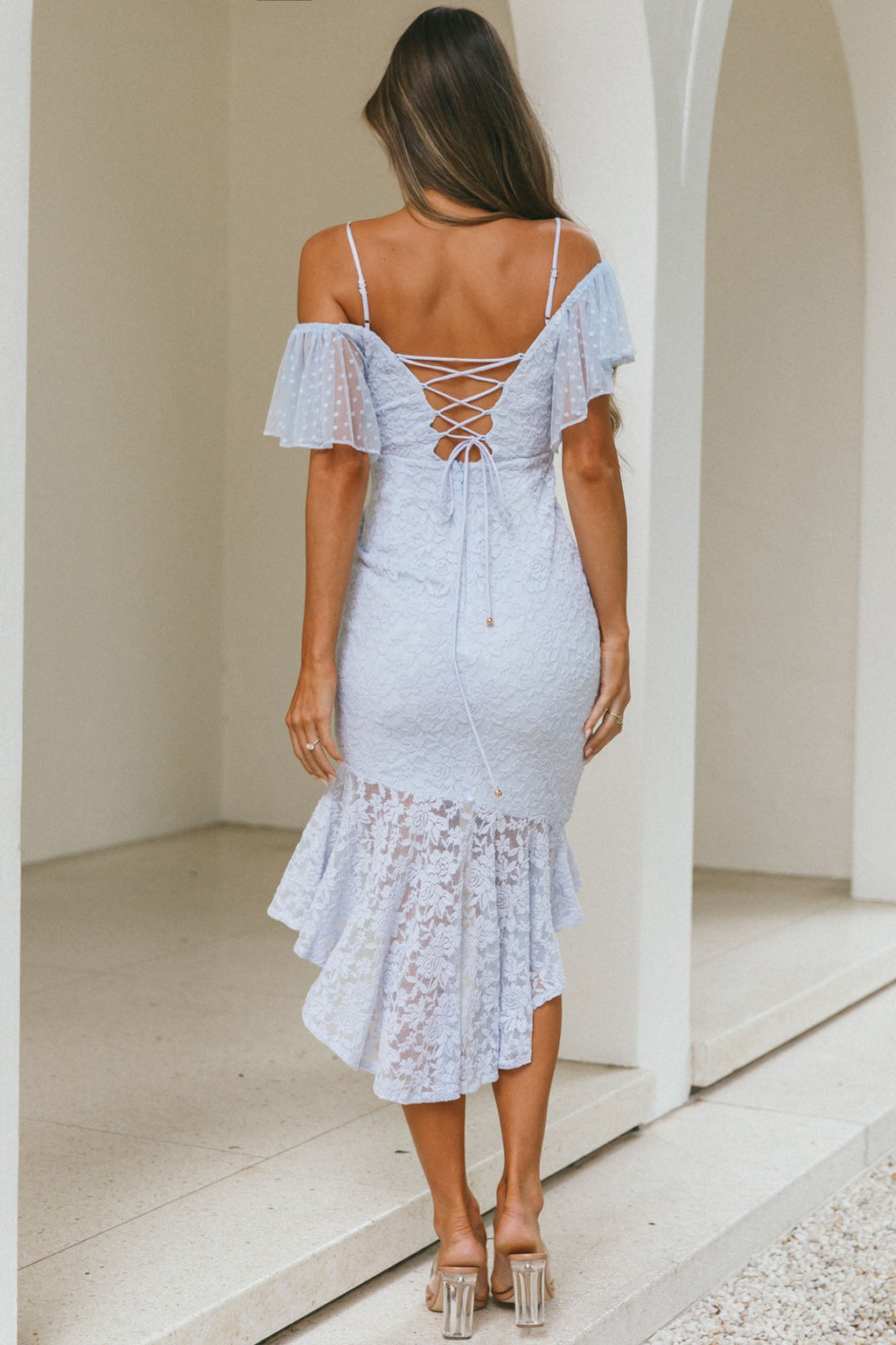 Maribel Hail Spot Sleeve Asymmetrical Hem Lace Midi Dress Baby Blue