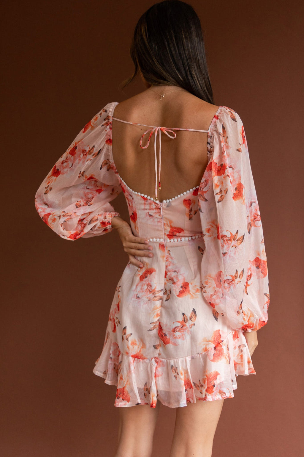 Catch Feelings Sweetheart Neckline Dot Trim Dress Rose Print Orange