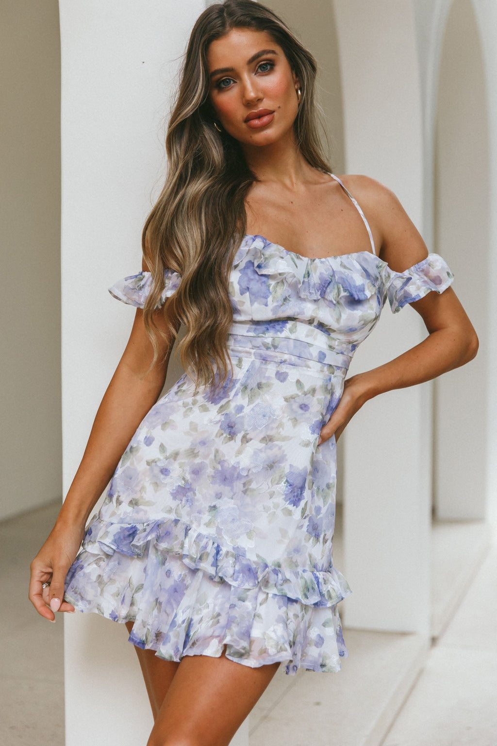 Matilda Frill Trim Off-Shoulder Mini Dress Floral Print Blue